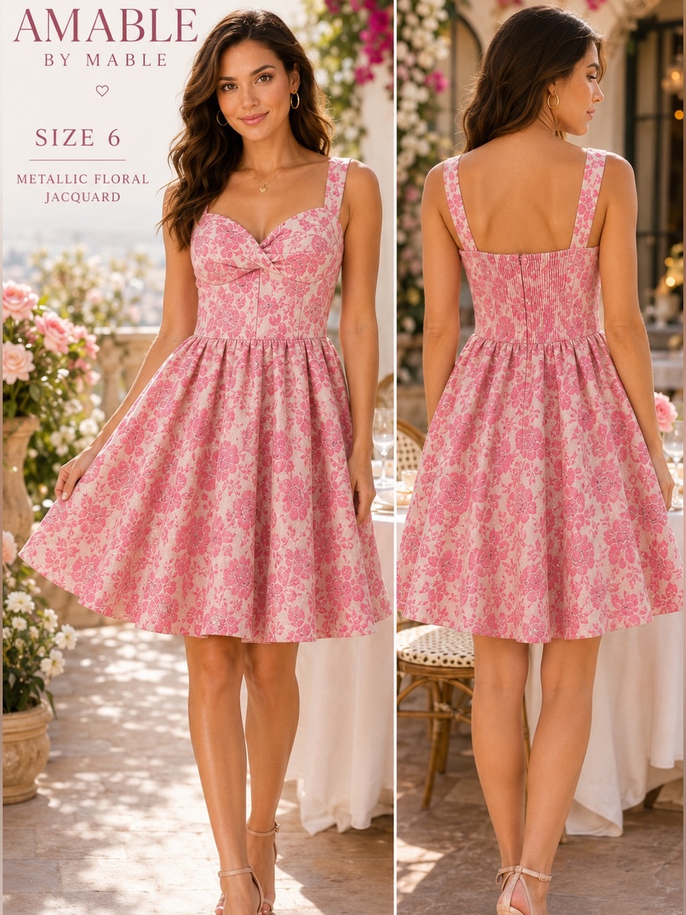 Amable by Mable |Pink Metallic Floral Jacquard Corset Dress |Size 6